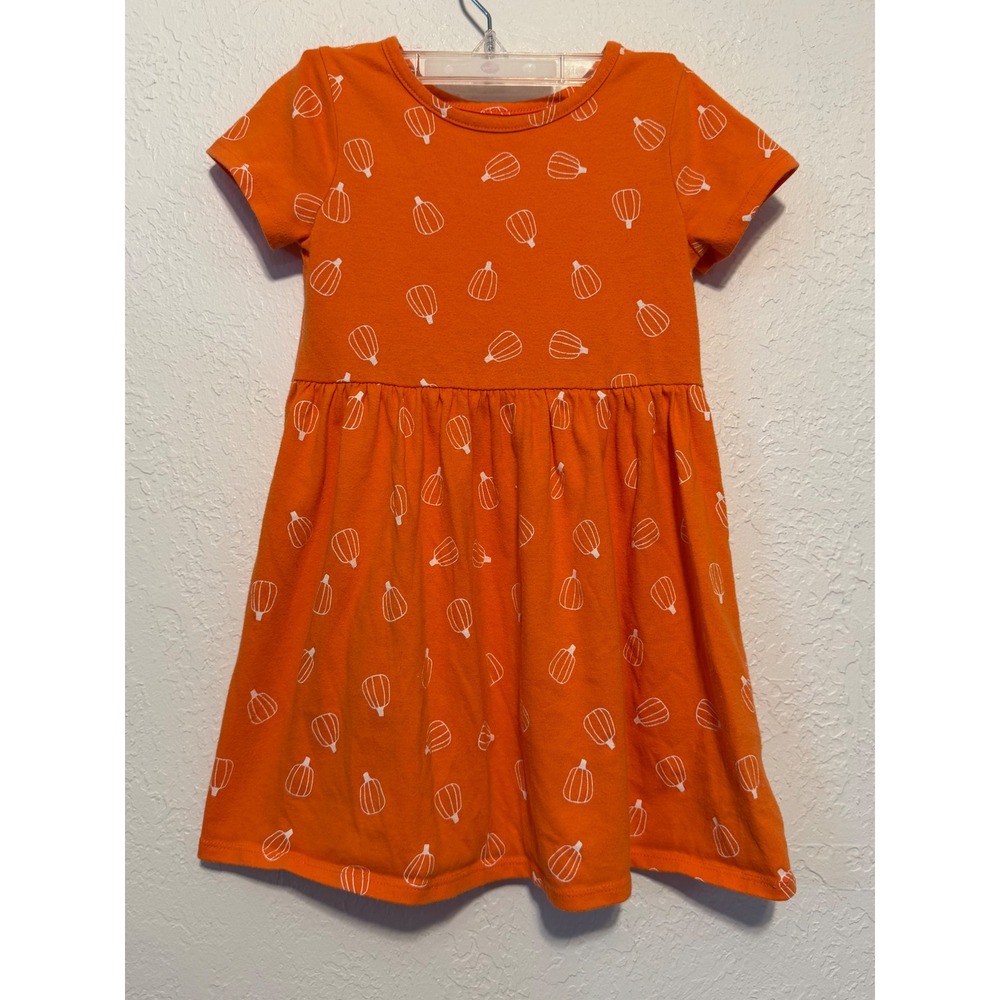 Cat & Jack Girls 5T Orange Pumpkin Print Short Sleeve Knit Jersey Dress Fall